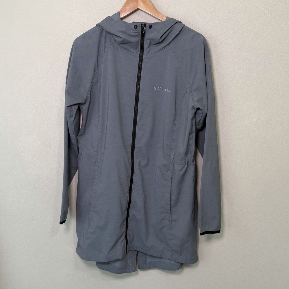 Columbia Womens L Softshell Lightweight Long Rain Jacket Hooded Windbreaker Grey